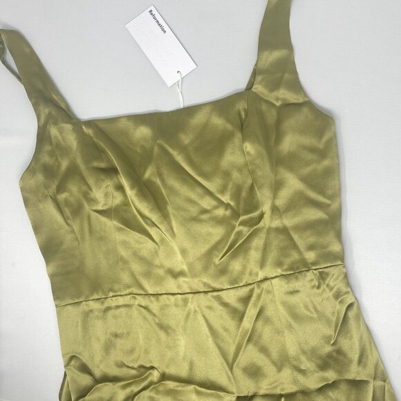 Reformation Solay Olive Green Silk Dress 6 Bridesmaid Green Midi - Picture 6 of 11